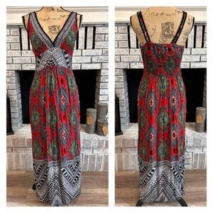 Angie Abstract Tank Bohemian Boho Maxi Sun Dress Black Red Medium Southwestern